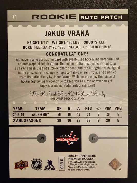 2016-17 Upper Deck Premier - Rookie Auto Patch - Jakub Vrana #71 /299 RC