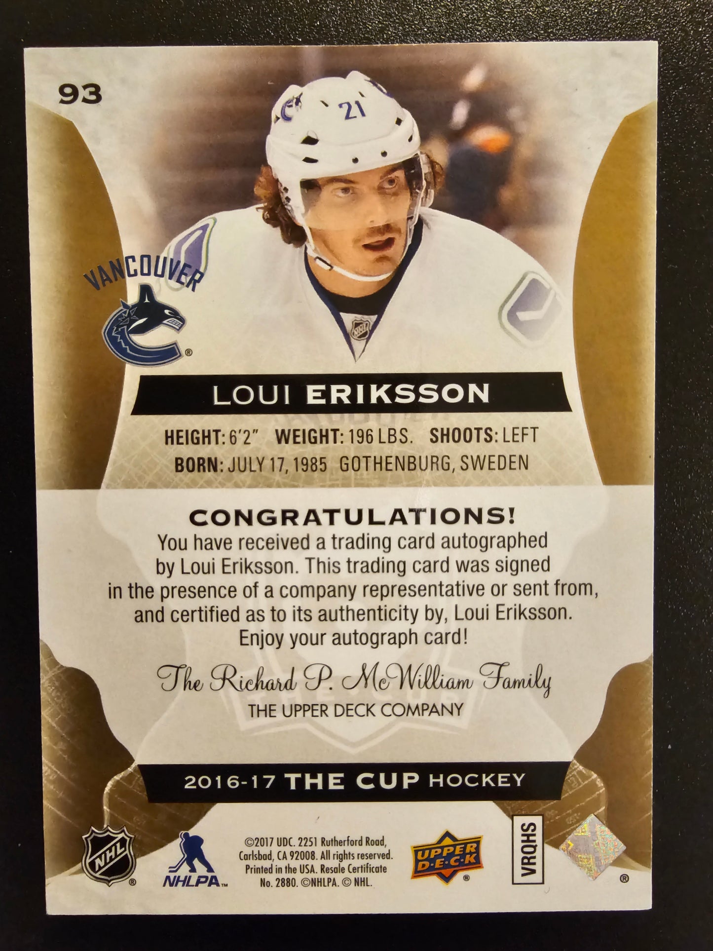 2016-17 Upper Deck The Cup - Gold Spectrum Foil - Loui Eriksson #93 /12