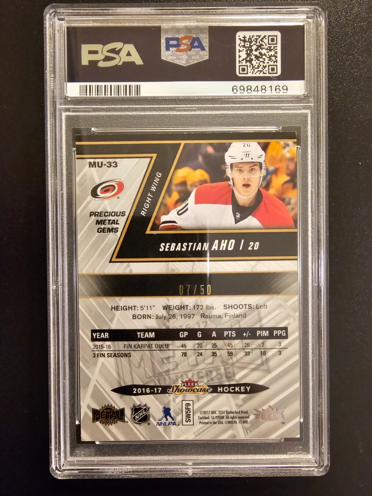 2016-17 Upper Deck Fleer Showcase - Metal Universe - Precious Metal Gems Blue Sebastian Aho #MU-33 /50 PSA 8 RY