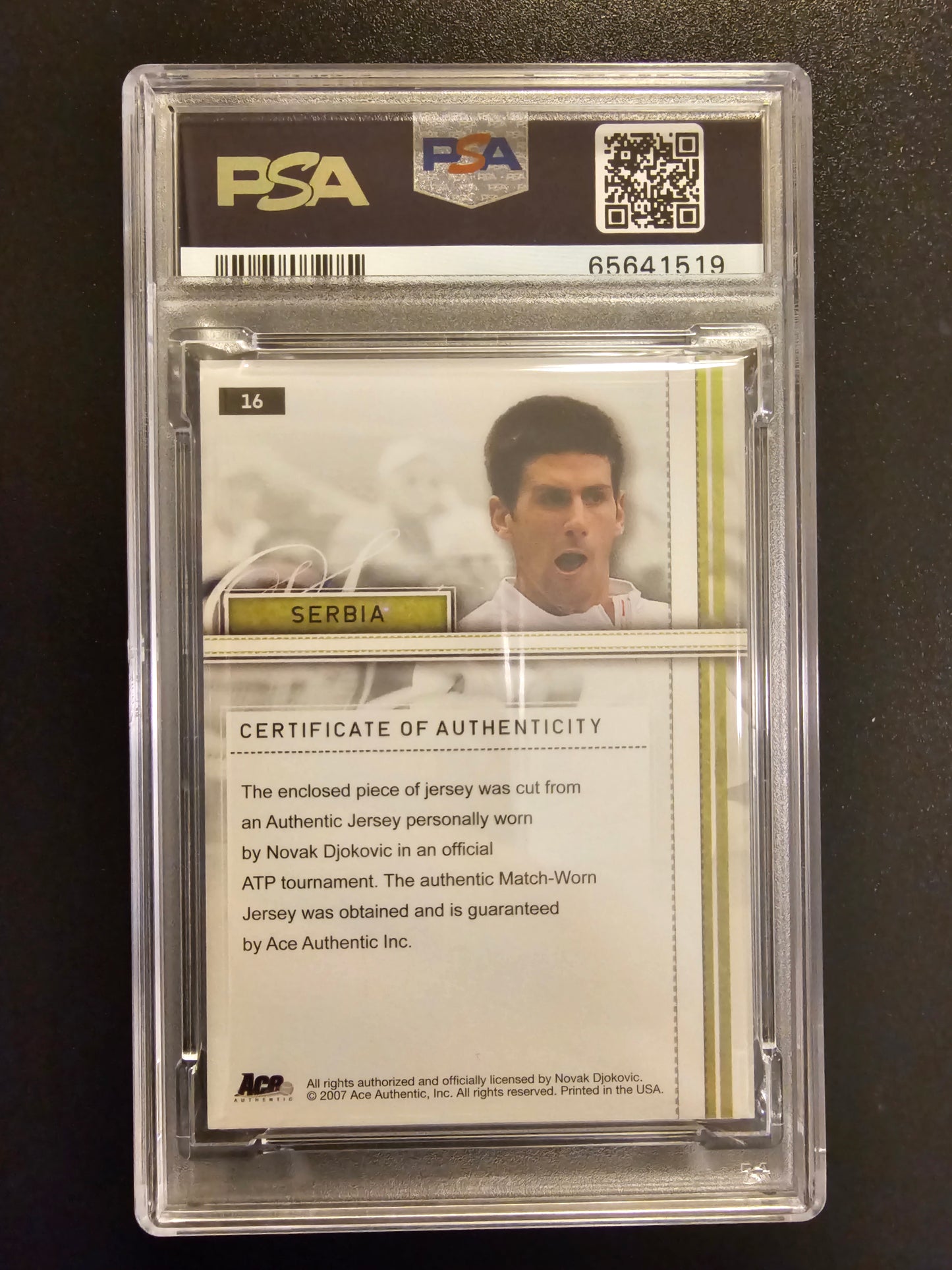 2007 Ace Authentic - Straight Sets - Materials Novak Djokovic #16 PSA 7 RC