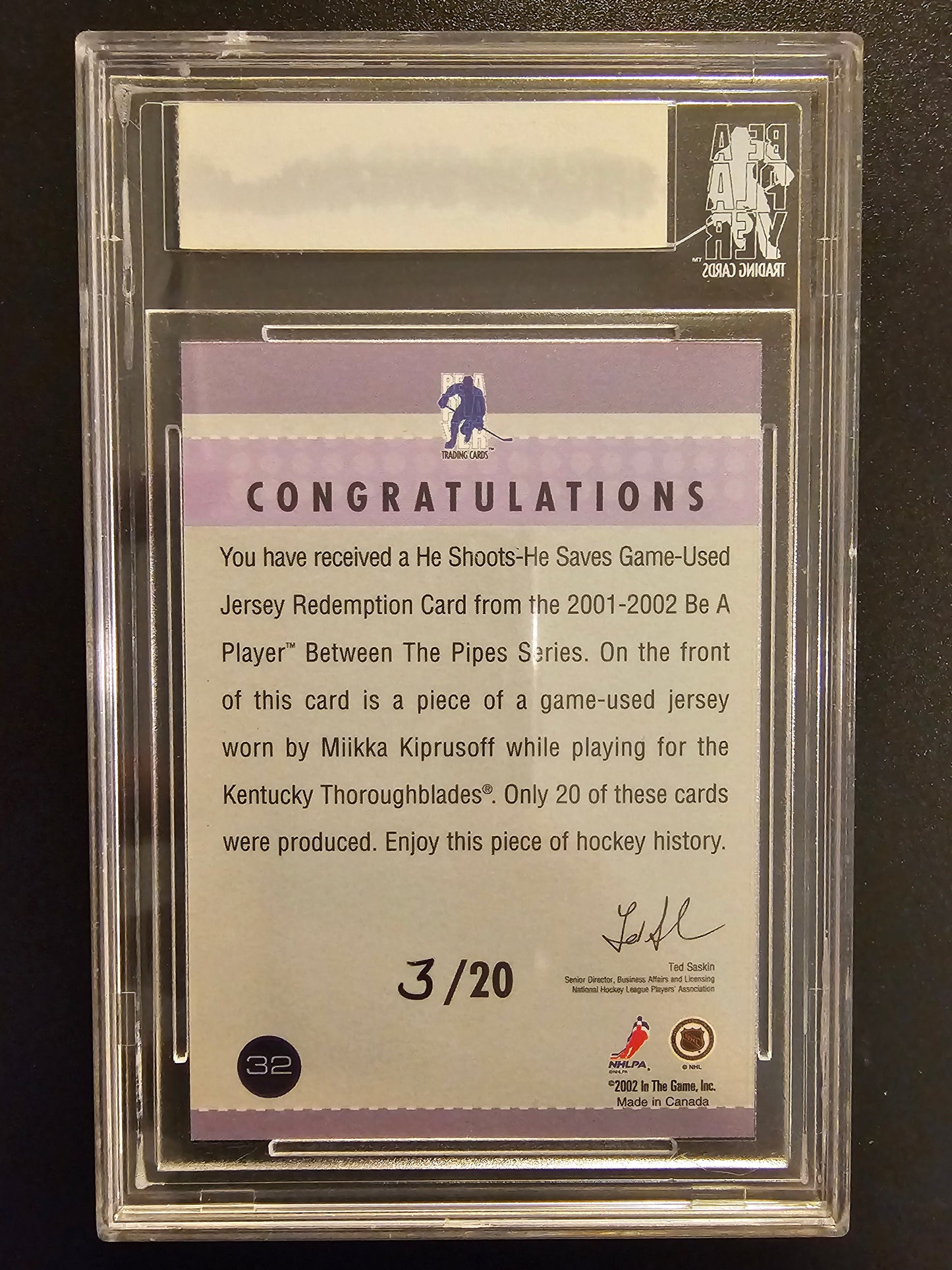 2001-02 In The Game Between The Pipes - He Shoots He Saves Miikka Kiprusoff #32 /20