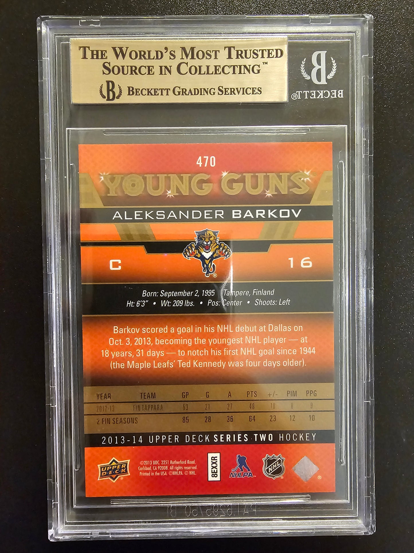2013-14 Upper Deck Young Guns Aleksander Barkov - UD Exclusives #470 /100 BGS 9.5 True Gem RC