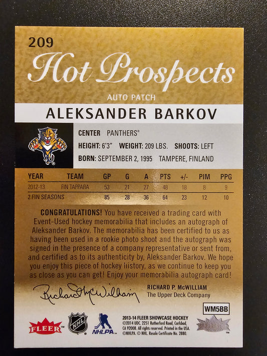 2013-14 Fleer Showcase Hot Prospects Auto Patch Aleksander Barkov #209 /175 RC