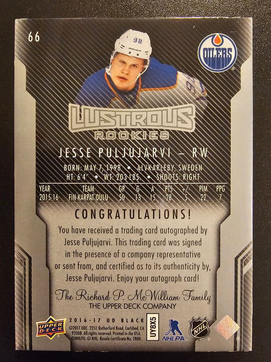 2016-17 UD Black - Lustrous Rookies Signatures - Jesse Puljujarvi RY #66 /299