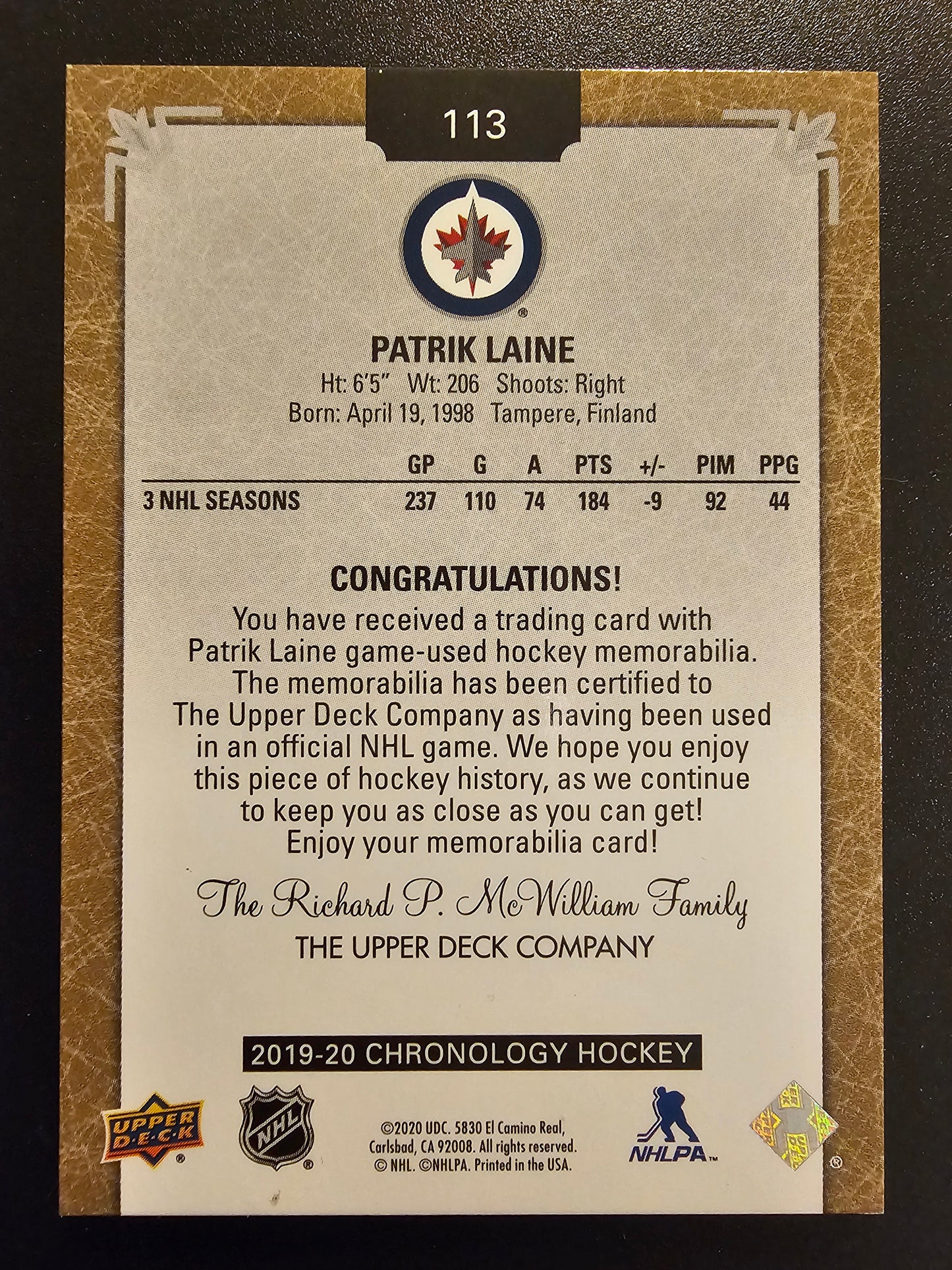 2019-20 Chronology Gold Premium Patch - Patrik Laine #113 /25