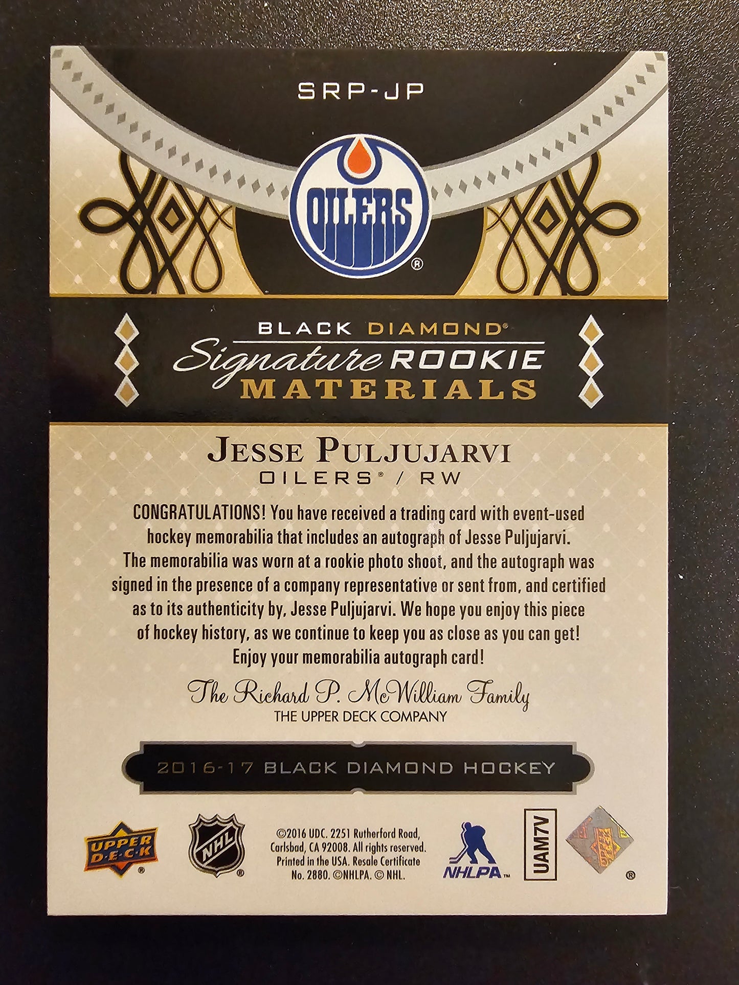 2016-17 Upper Deck Black Diamond - Signature Rookie Materials - Jesse Puljujarvi #SRP-JP /25 RY