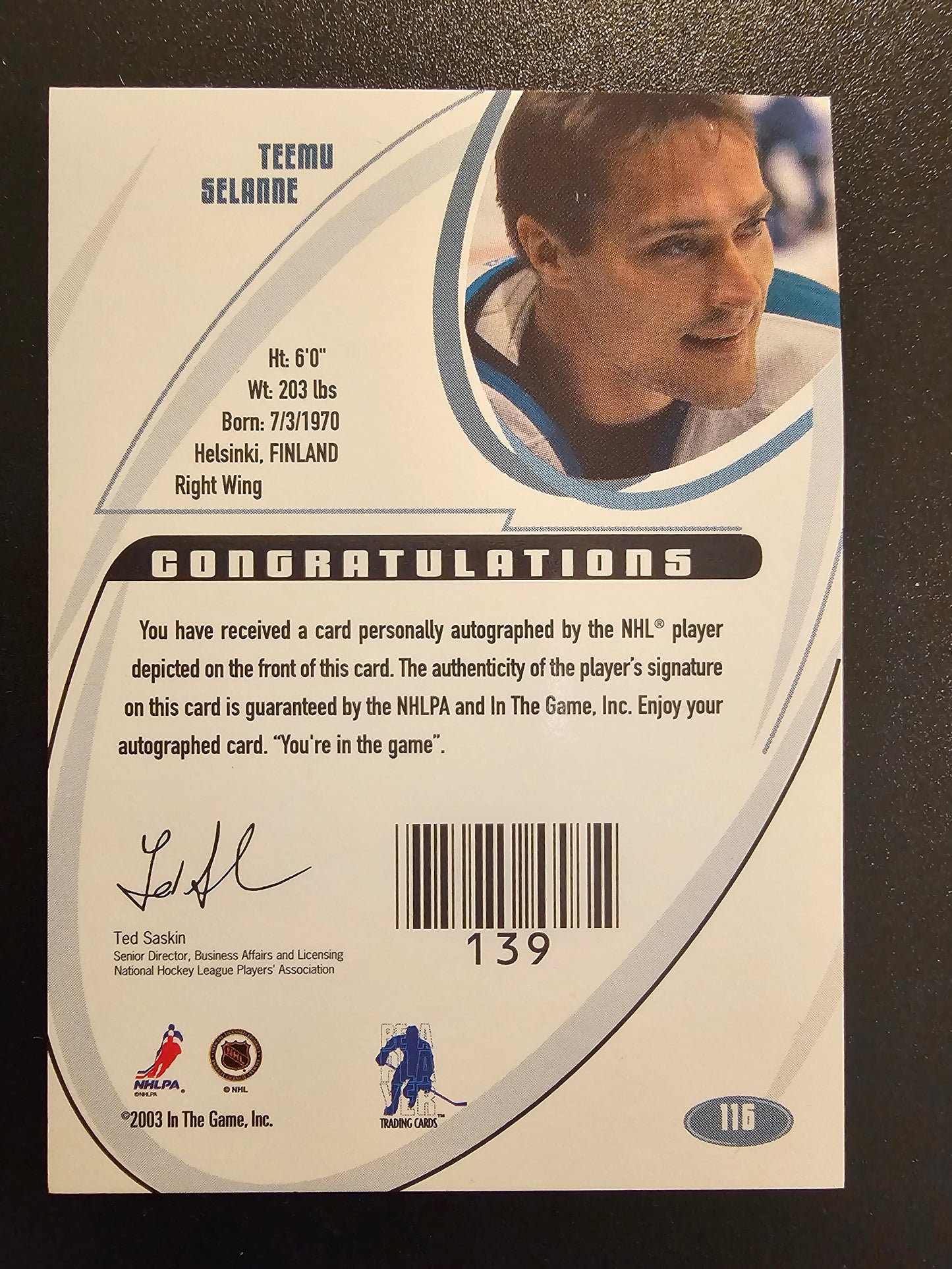 2002-03 In the Game Be A Player Signature Series - Signatures Teemu Selanne #116