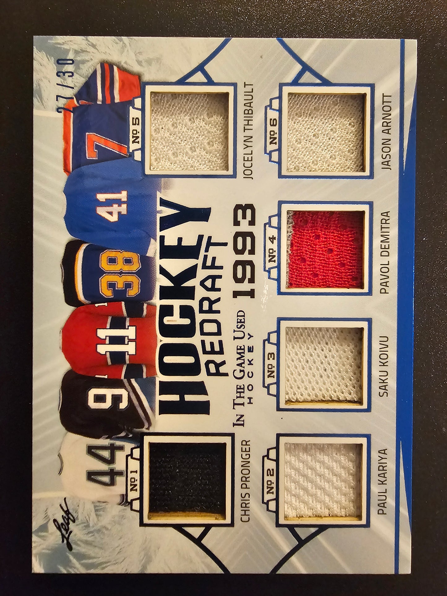 2020-21 Leaf In the Game Used - Hockey Redraft Relics - Chris Pronger / Paul Kariya / Saku Koivu / Pavol Demitra / Jason Arnott / Jocelyn Thibault #HR-14 /30