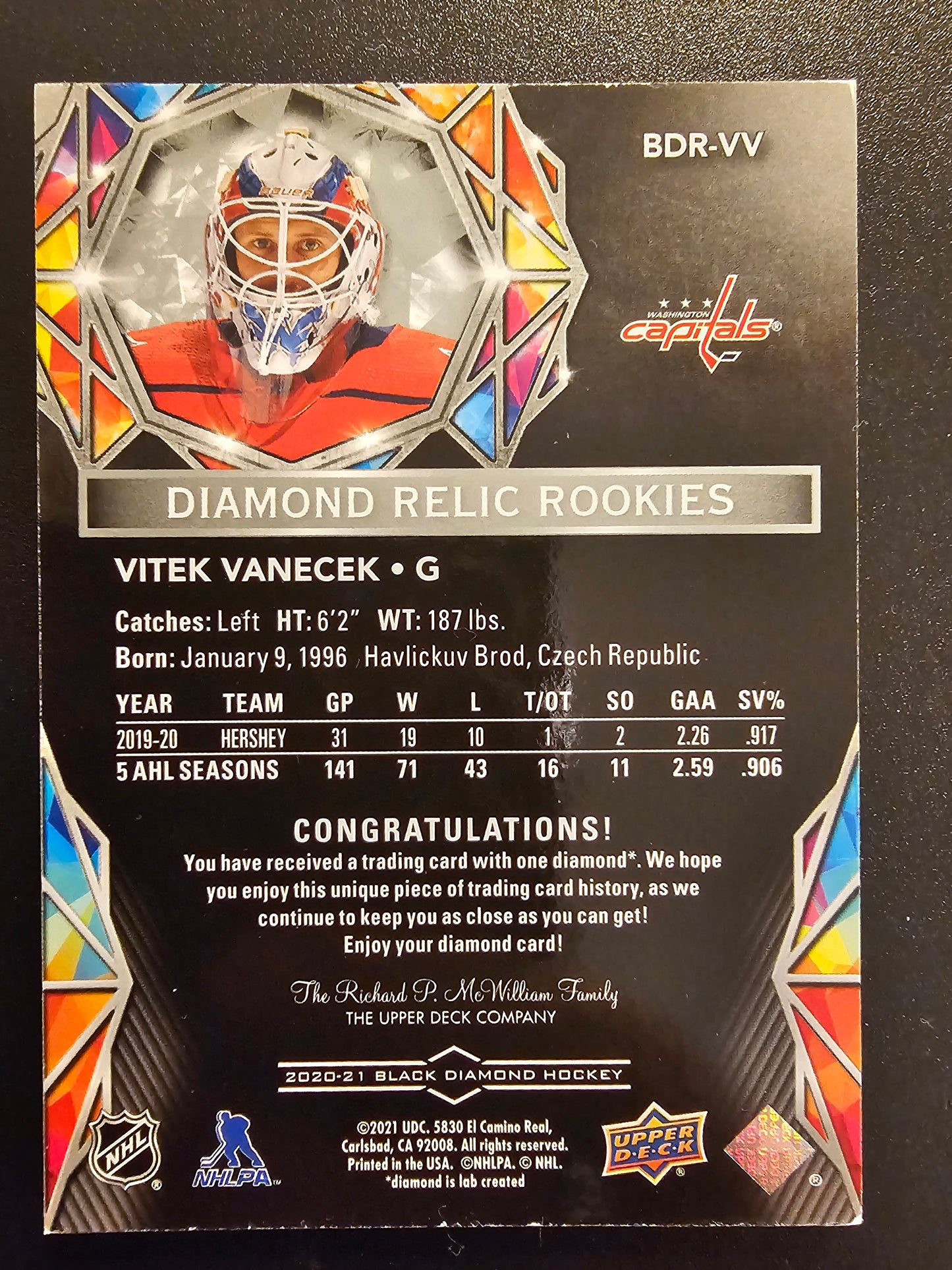 2020-21 Upper Deck Black Diamond - Diamond Relic Rookie Gems Vitek Vanecek #BDR-VV /99 RY