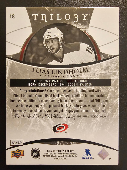 2015-16 Upper Deck Trilogy - Black Rainbow Foil - Season Stats Patch - Elias Lindholm #18 /39