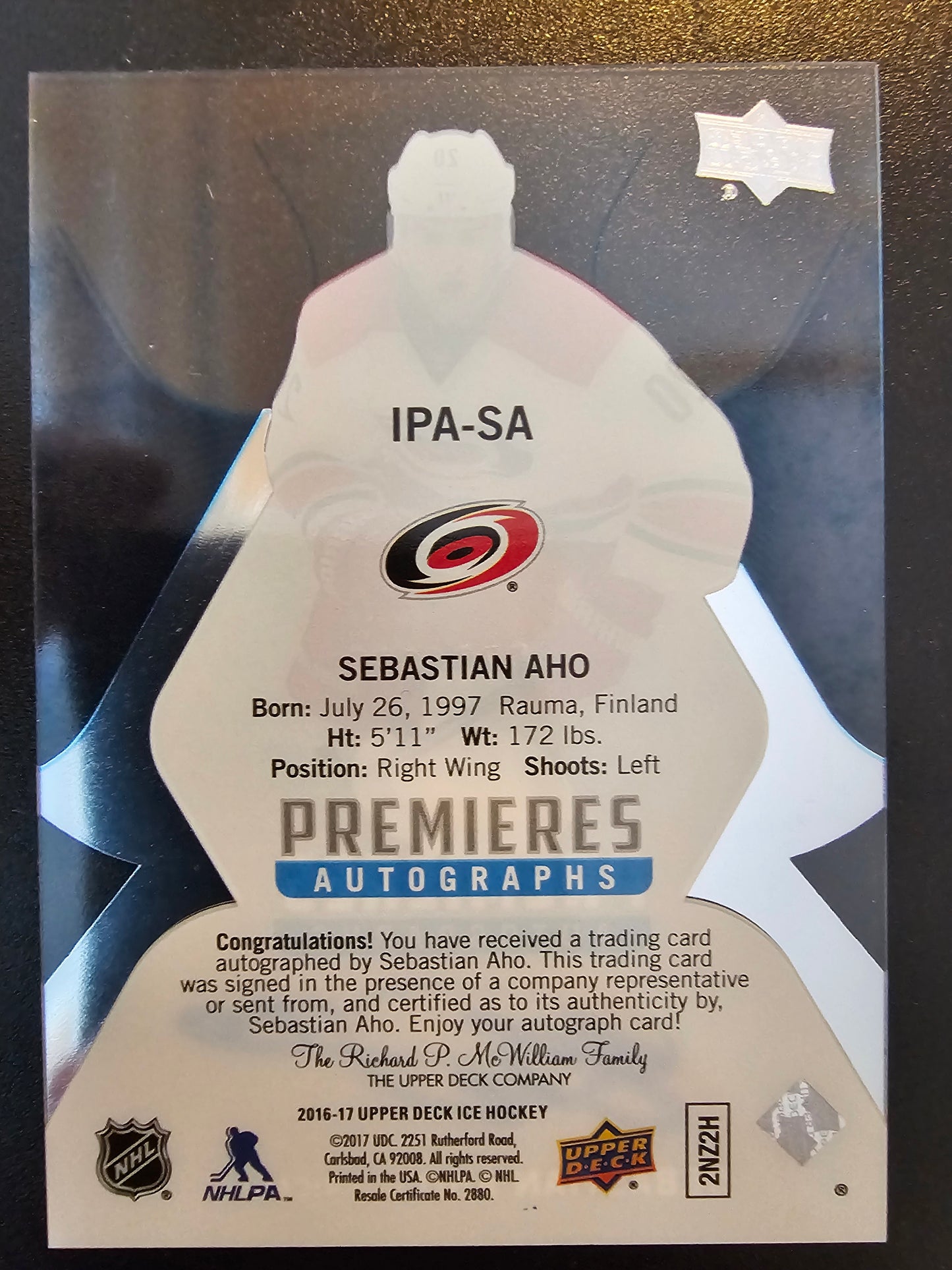 2016-17 Upper Deck Ice - Ice Premieres Autographs - Sebastian Aho #IPA-SA /299 RY