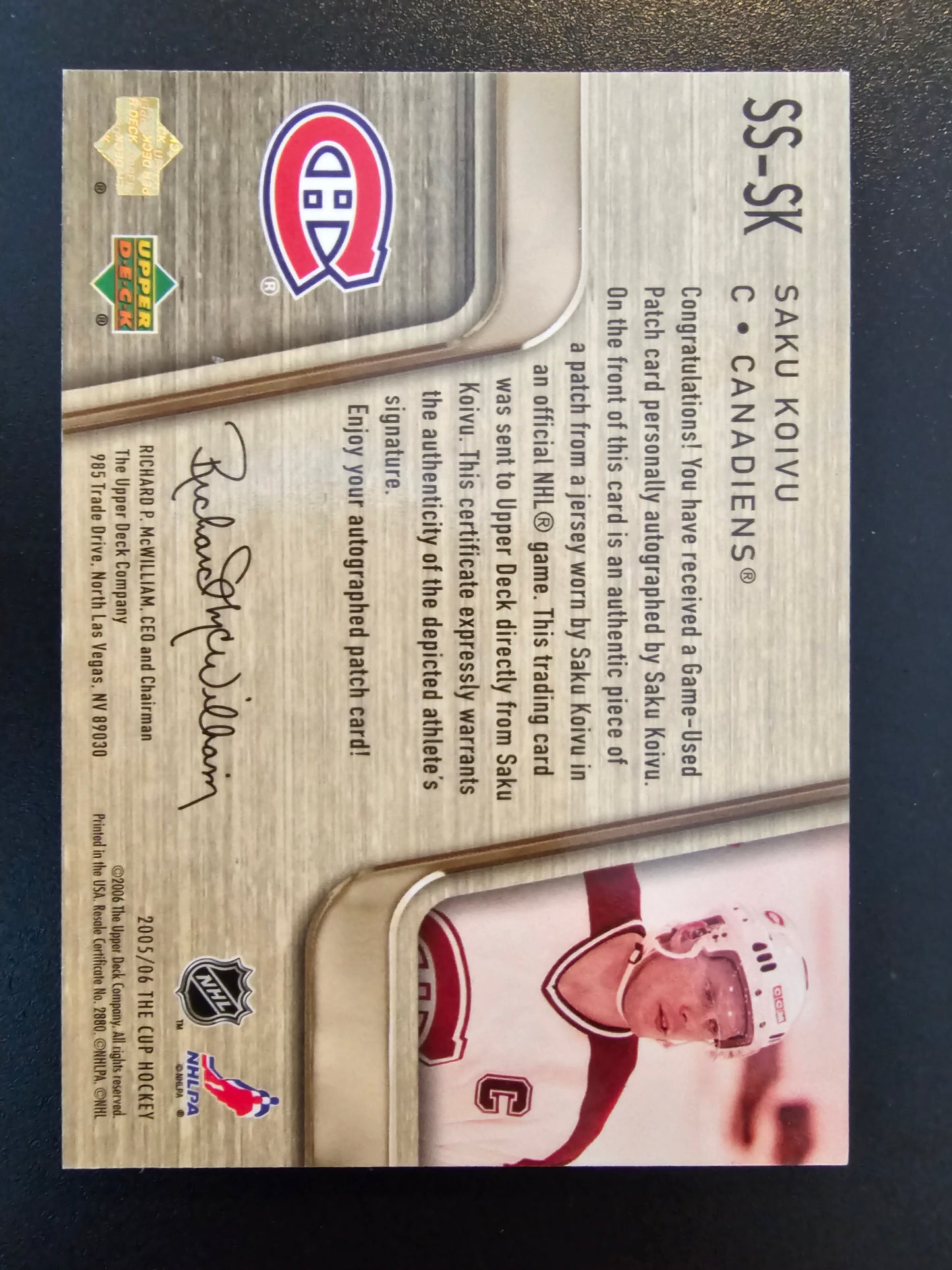 2005-06 Upper Deck The Cup - Scripted Swatches - Saku Koivu #SS-SK /25