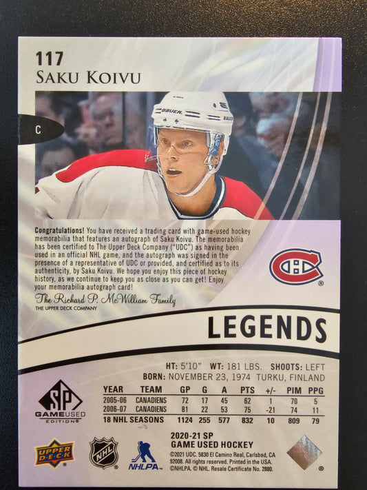 2020-21 Upper Deck SP Game Used - Purple Auto Jersey - Saku Koivu #117 /10