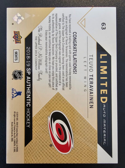 2018-19 Upper Deck SP Authentic - Limited Auto Material Teuvo Teravainen #63 /50
