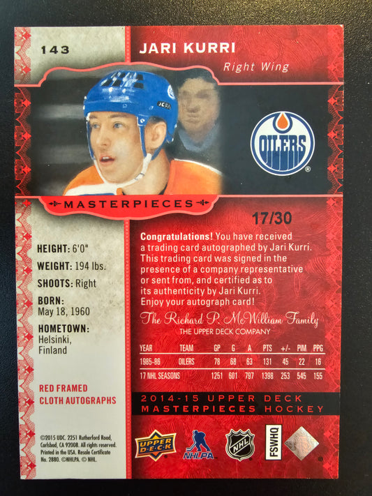 2014-15 Upper Deck Masterpieces - Red Framed Autographs - Jari Kurri #143 jersey numbered 17/30