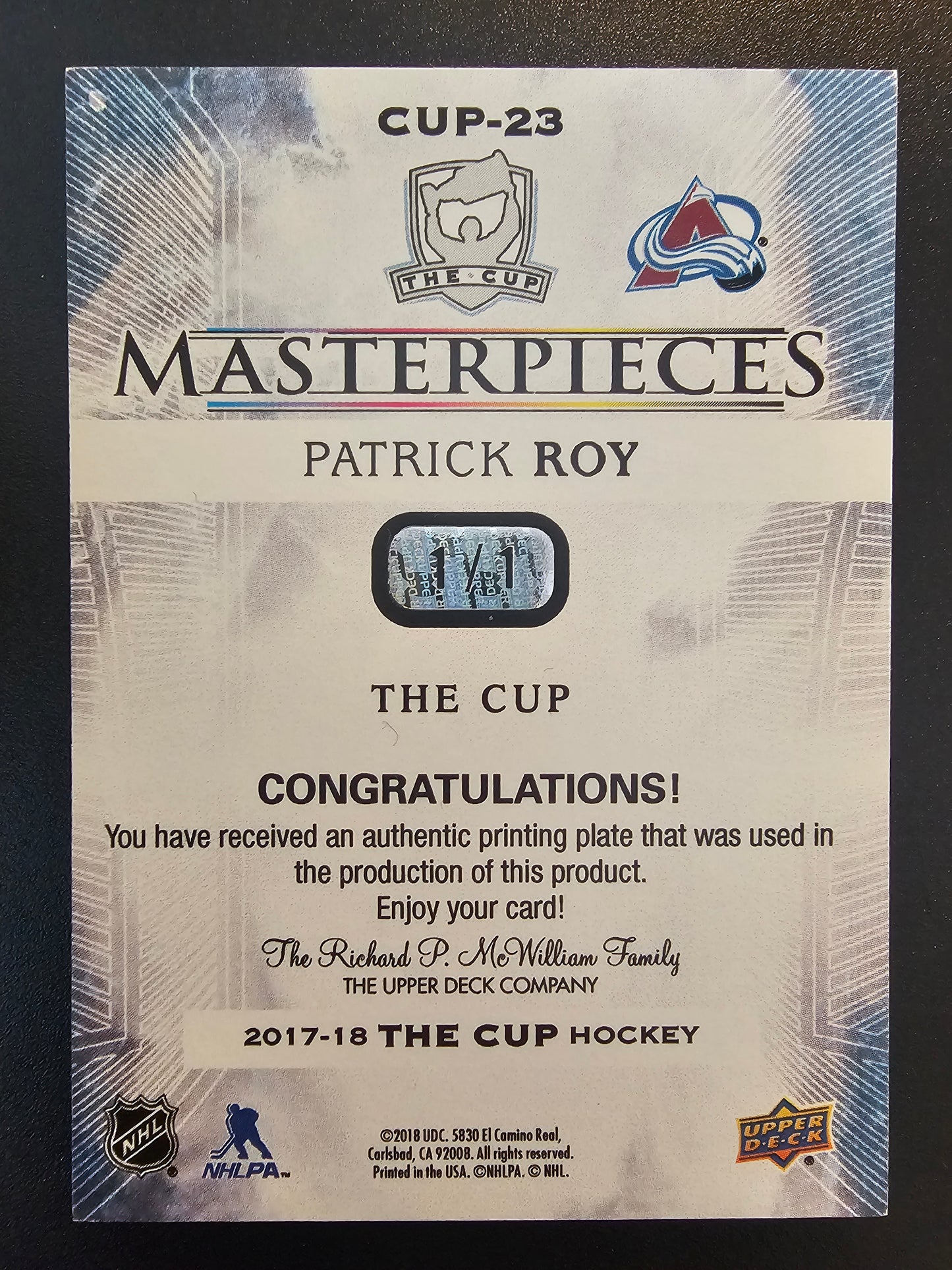 2017-18 Upper Deck The Cup - Masterpieces Black Printing Plate Patrick Roy #CUP-23 1of1