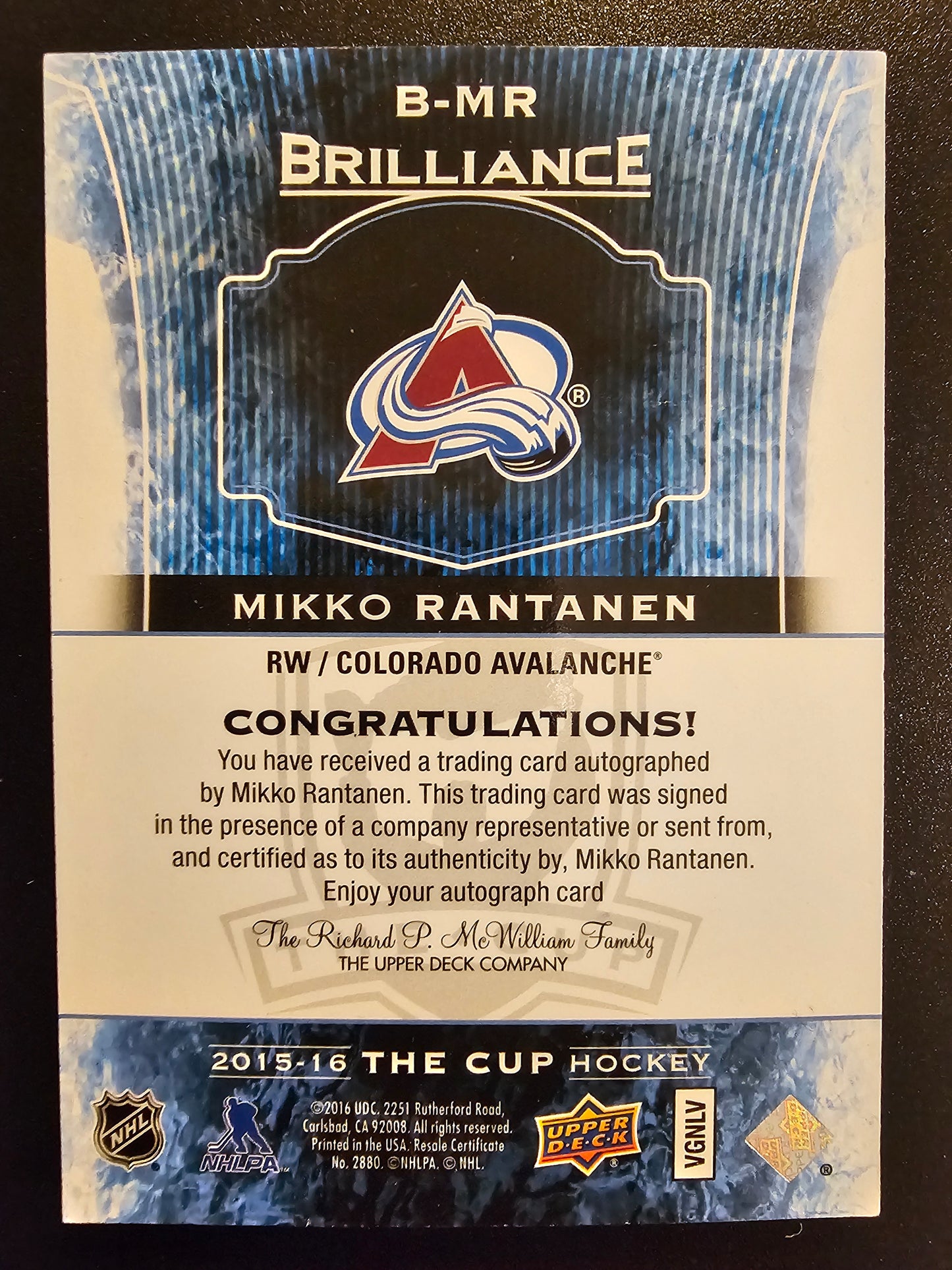 2015-16 Upper Deck The Cup - Brilliance Autographs - Mikko Rantanen #B-MR RY