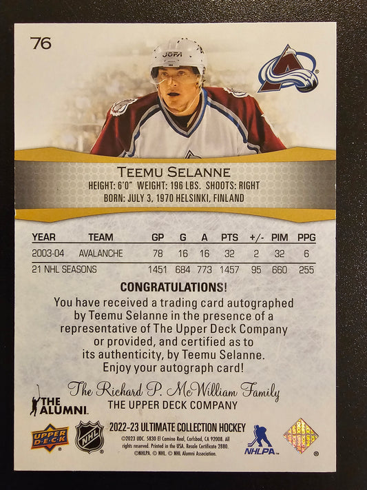 2022-23 Upper Deck Ultimate Collection - Autographs Gold - Teemu Selanne #76 /15