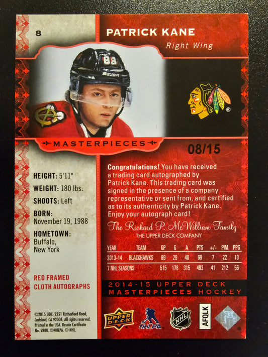 2014-15 Upper Deck Masterpieces - Red Framed Autographs Patrick Kane #8 /15