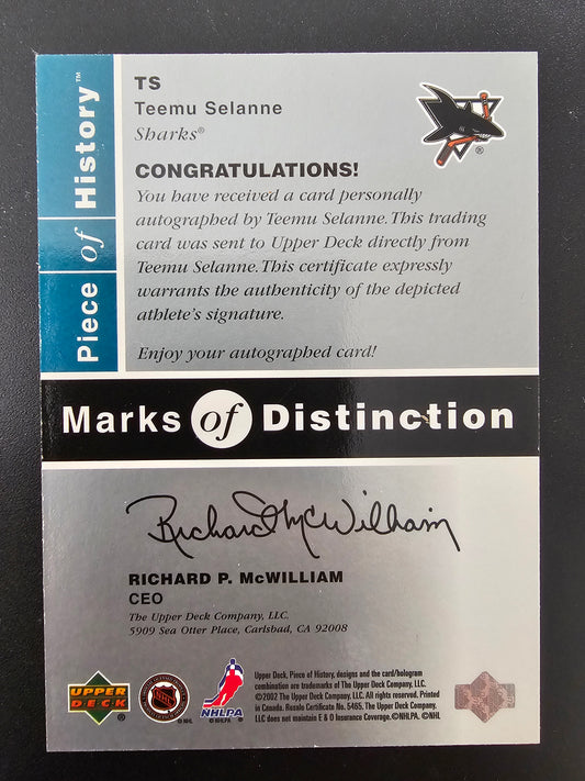 2002-03 UD Piece of History Marks of Distinction - Teemu Selanne #TS