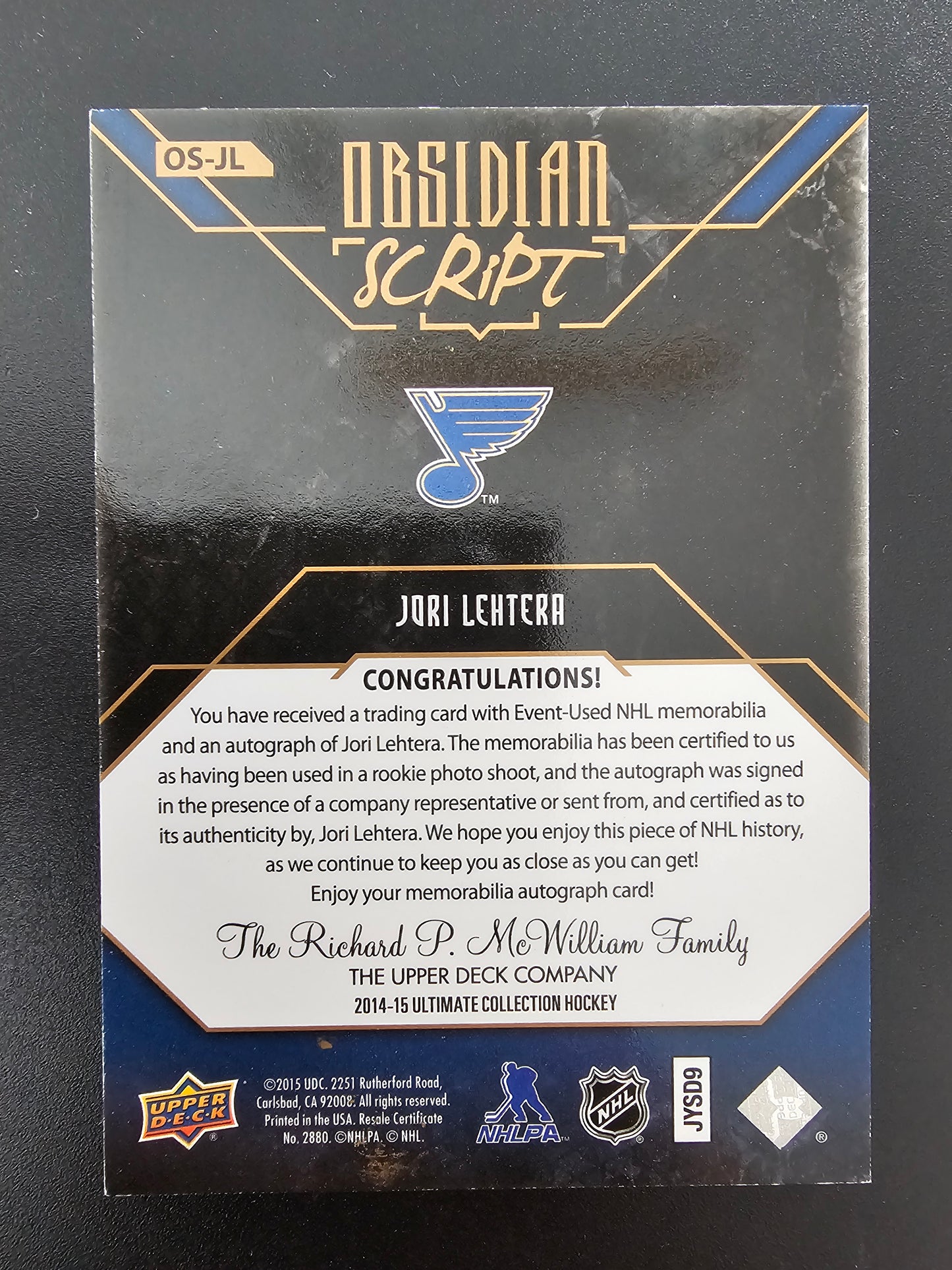 2014-15 Upper Deck Ultimate Collection - Obsidian Script - Materials Jori Lehtera #OS-JL /25 RY