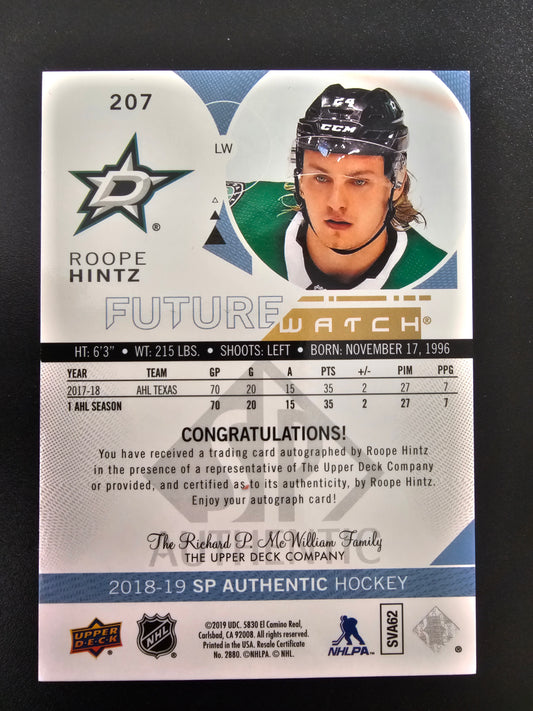 2018-19 Upper Deck SP Authentic Future Watch - Roope Hintz #207 /999 RC