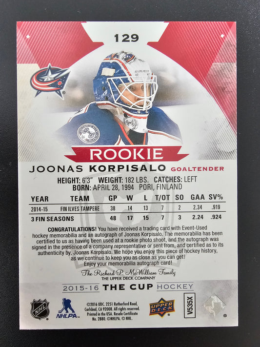 2015-16 Upper Deck The Cup - Red Foil Autographed Rookie Tag - Joonas Korpisalo  #129 /8 RC