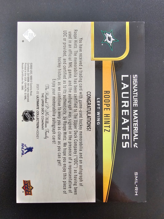 2021-22 Upper Deck Ultimate Collection - Signature Material Laureates Roope Hintz #SML-RH /99