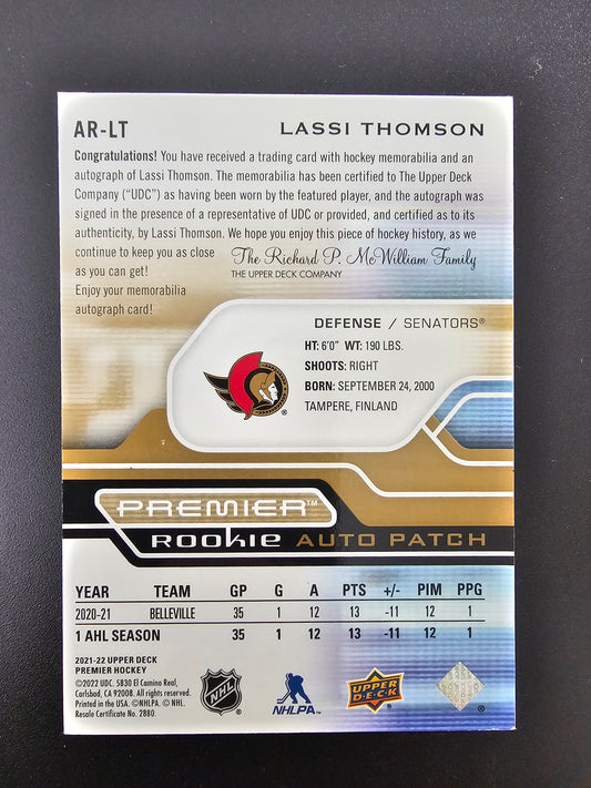 2021-22 Upper Deck Premier - Acetate Rookie Auto Patch Gold - Lassi Thomson #AR-LT /65 RY