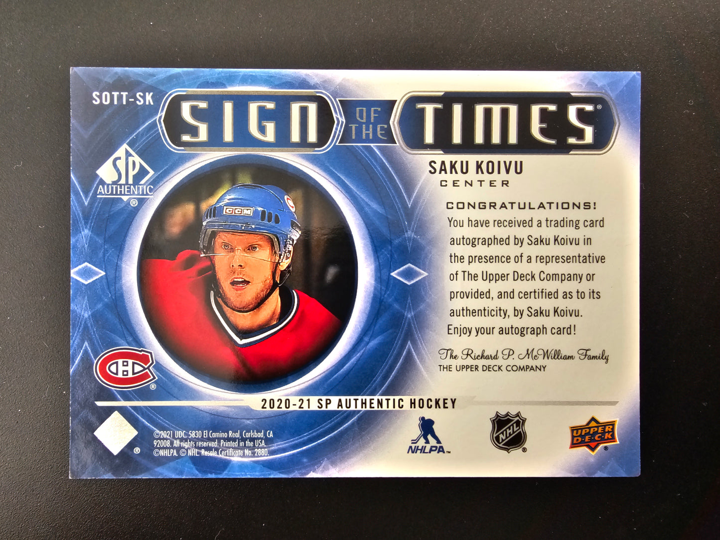 2020-21 Upper Deck SP Authentic - Sign of the Times - Saku Koivu #SOTT-SK