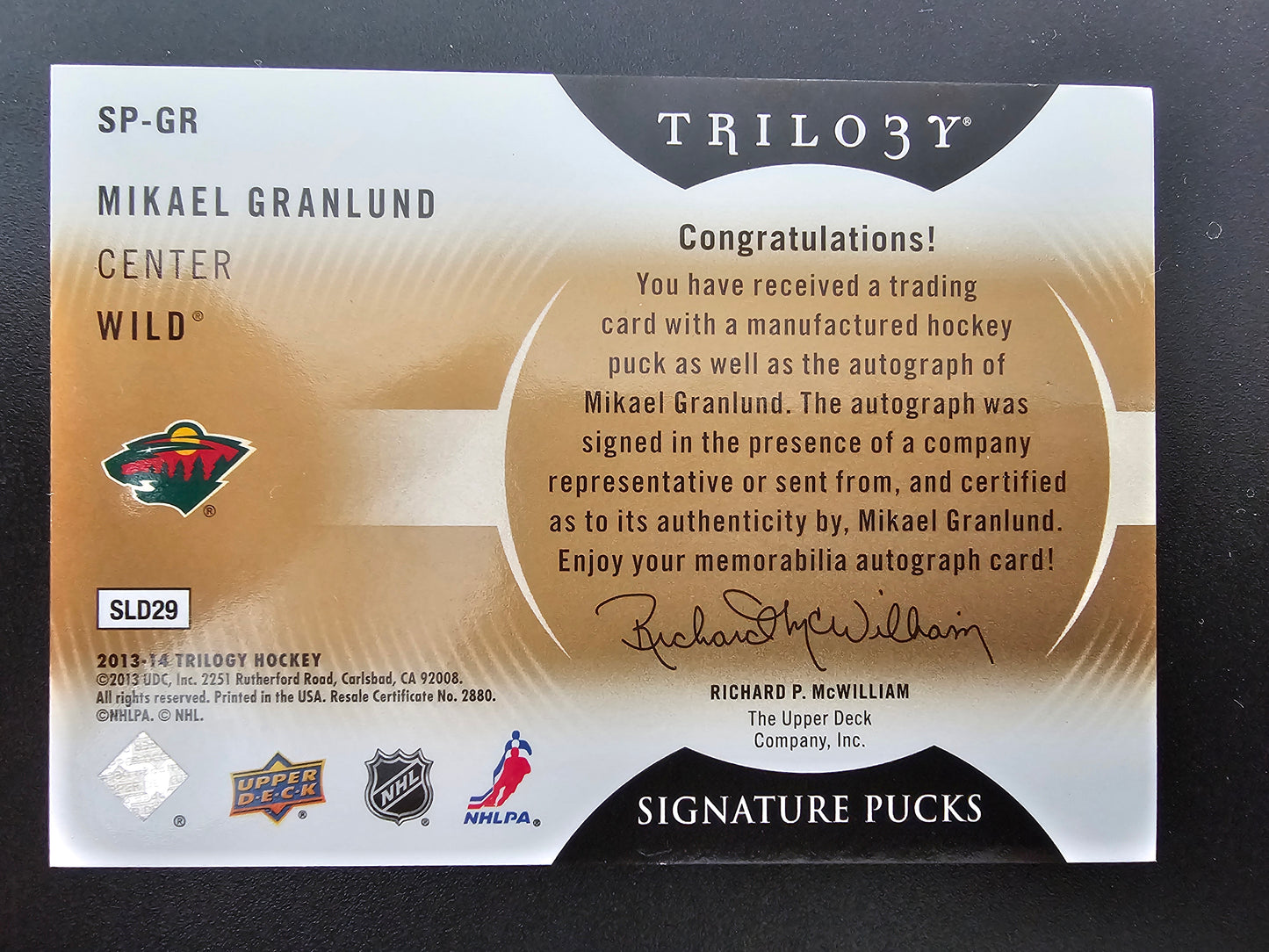 2013-14 Upper Deck Trilogy - Signature Pucks - Mikael Granlund #SP-GR RY