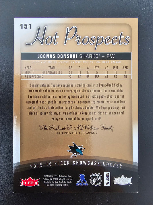 2015-16 Upper Deck Fleer Showcase - Hot Prospects Auto Patch - Joonas Donskoi #151 /499 RC