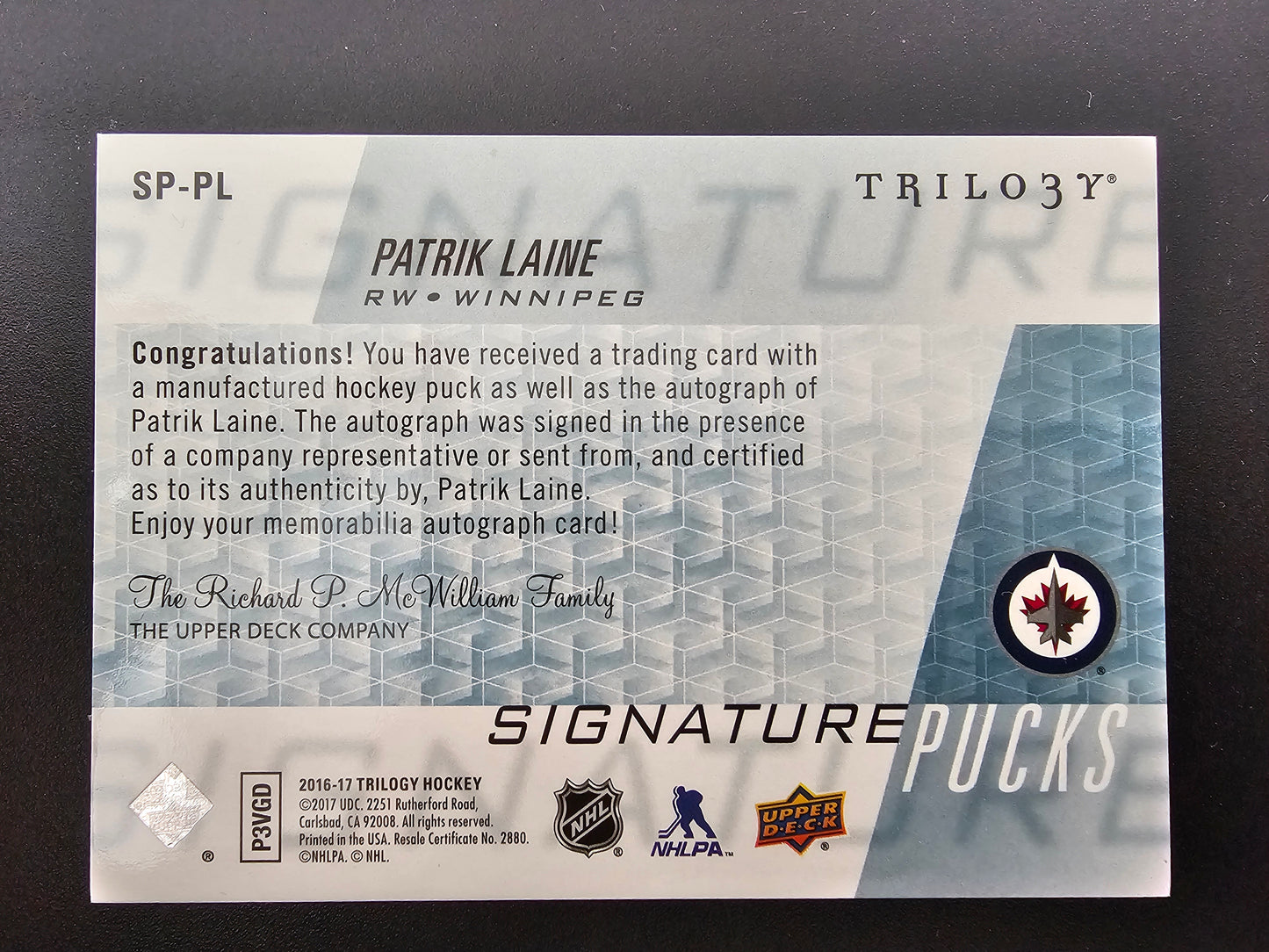2016-17 Upper Deck Trilogy - Signature Pucks - Patrik Laine #SP-PL RY