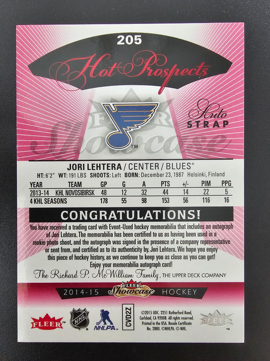 2014-15 Fleer Showcase - Red Glow Hot Prospects Auto Patch - Jori Lehtera #205 /18 RC