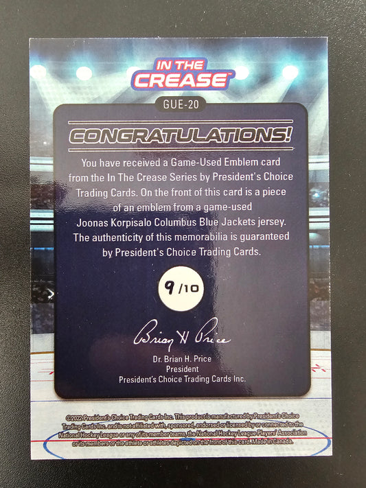 2022-23 President's Choice In the Crease - Game-Used Emblem - Joonas Korpisalo #GUE-20 /10