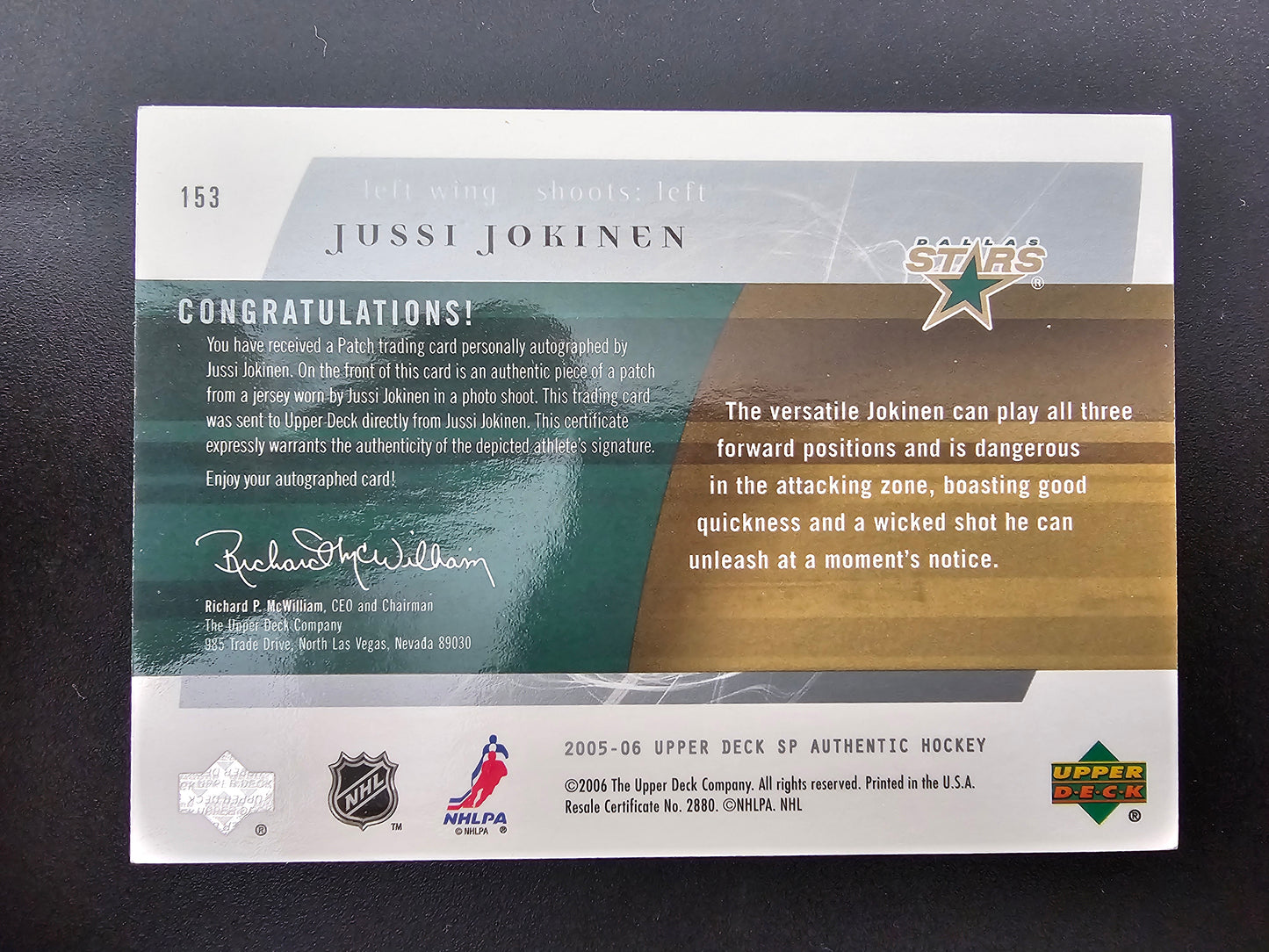 2005-06 Upper Deck SP Authentic - Future Watch Patch - Jussi Jokinen #153 /100 RC