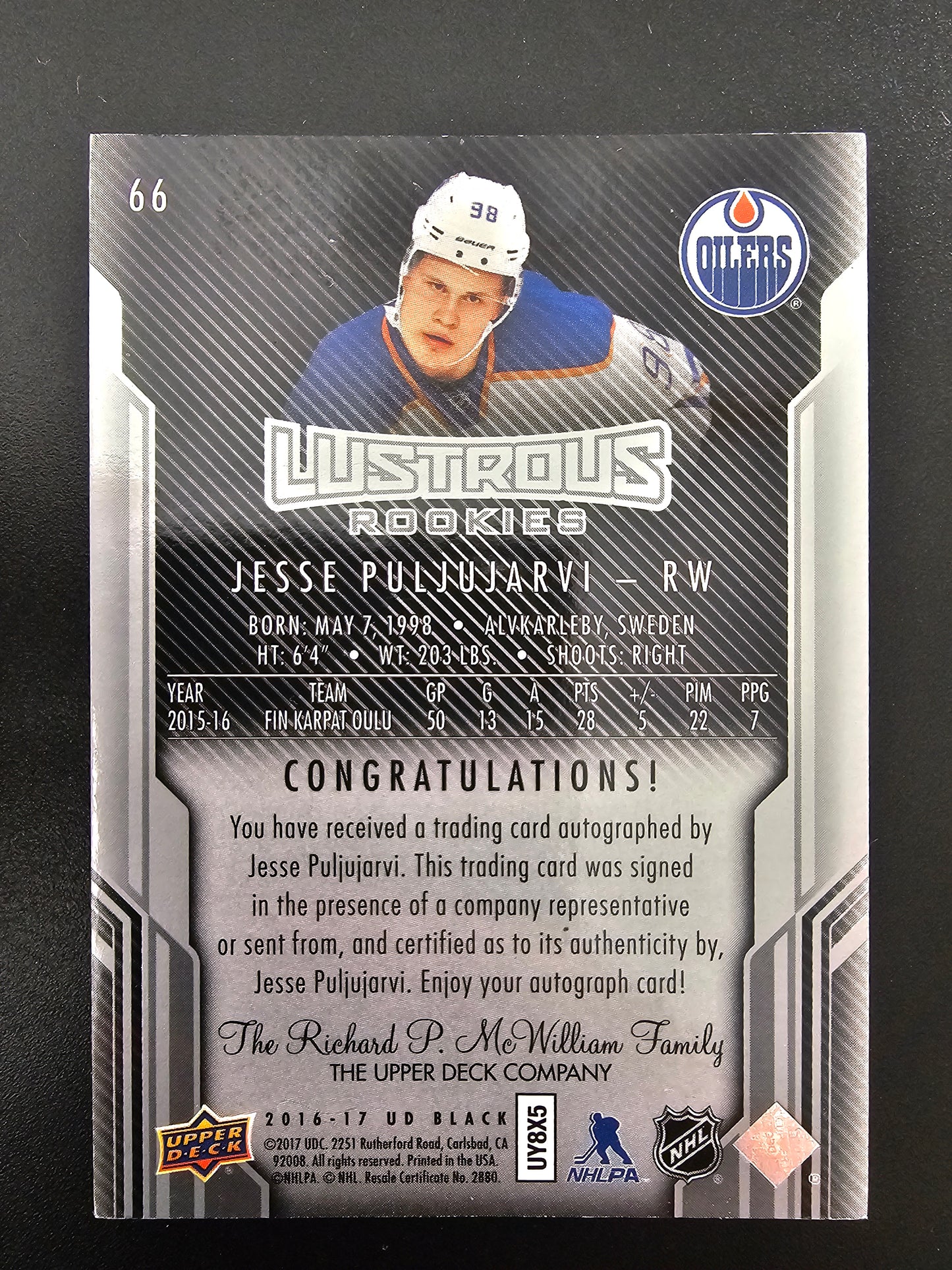 2016-17 UD Black - Lustrous Rookies Signatures Gold - Jesse Puljujarvi RY #66 /35
