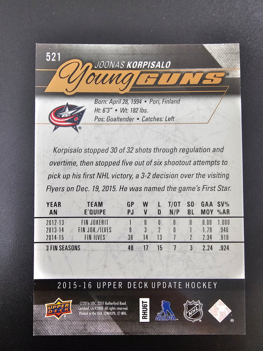 2015-16 Upper Deck - Young Guns High Gloss - Joonas Korpisalo #521 /10 RC