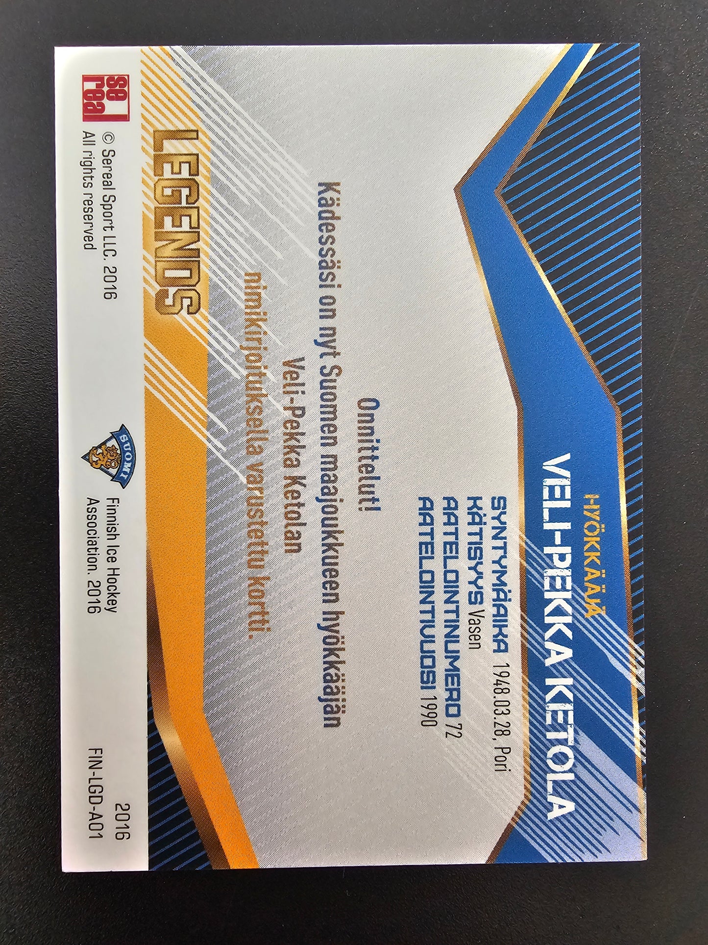 2016 Sereal Team Finland Legends Autograph Veli-Pekka Ketola #FIN-LGD-A02 /50