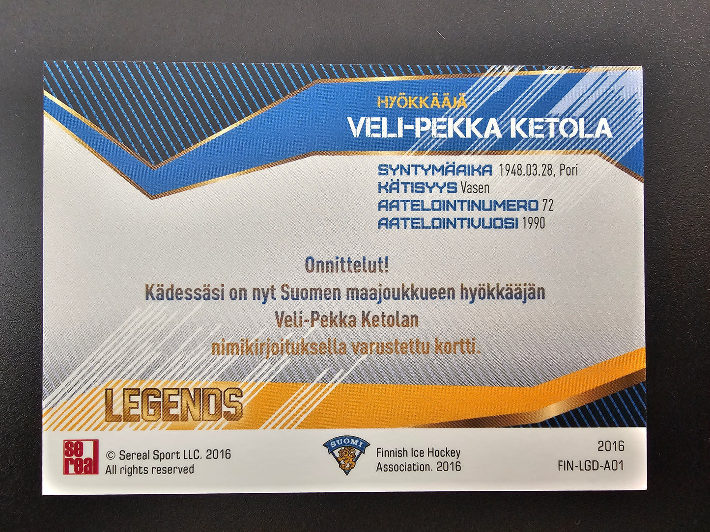 2016 Sereal Team Finland Legends Autograph Veli-Pekka Ketola #FIN-LGD-A02 /50