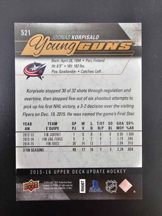 2015-16 Upper Deck - Young Guns Exclusives - Joonas Korpisalo #521 /100 RC