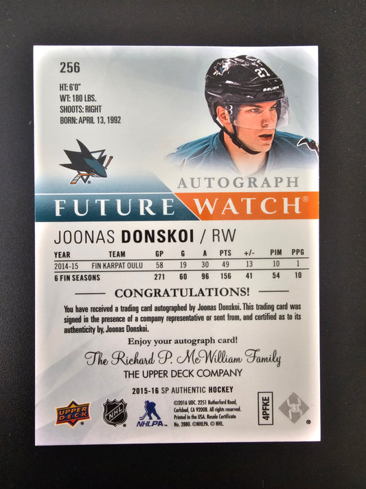 2015-16 Upper Deck SP Authentic - Future Watch Inscribed Autographs - Joonas Donskoi #256 /50