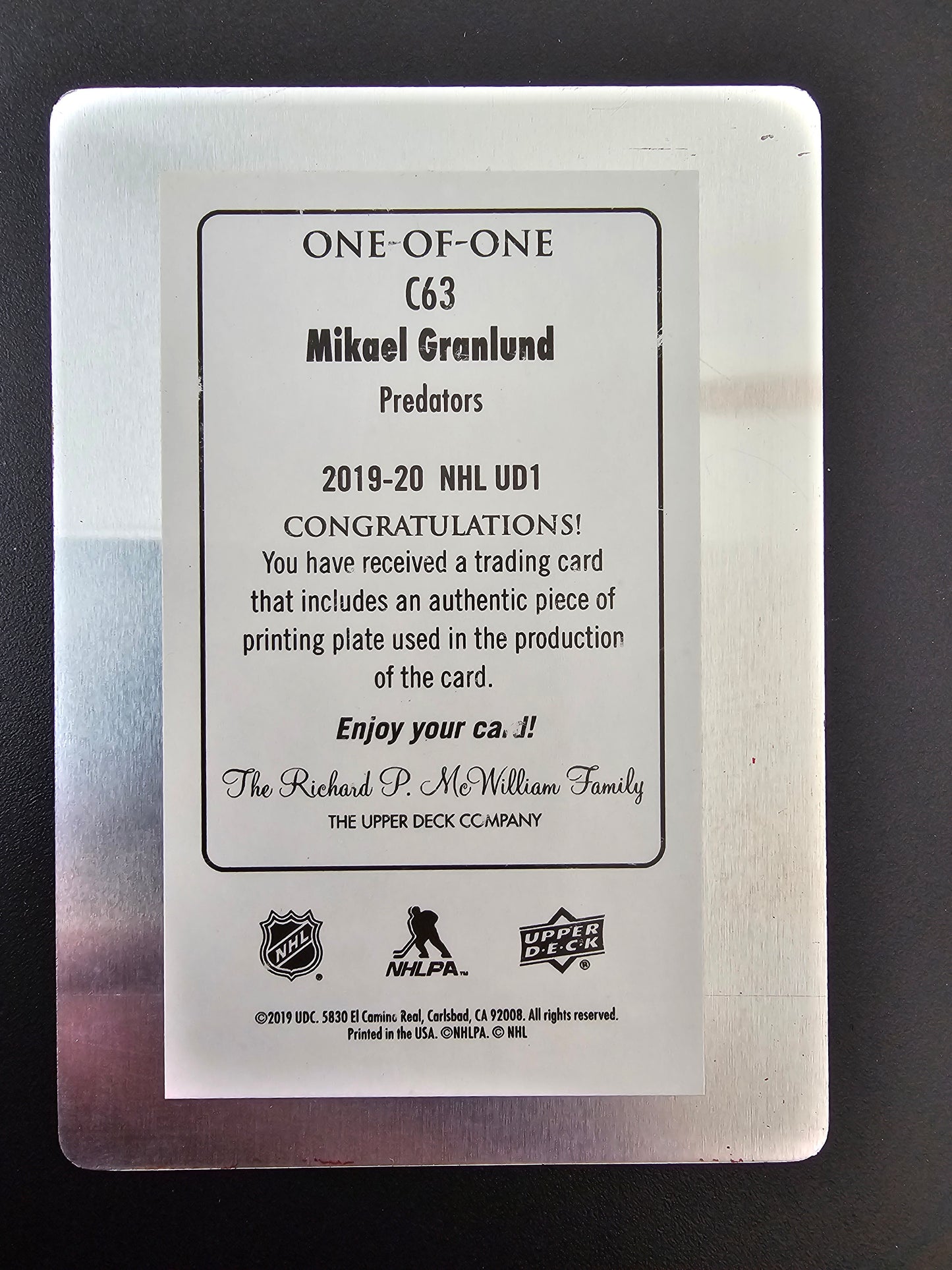 2019-20 Upper Deck UD Canvas Printing Plate - Mikael Granlund #C63 1of1