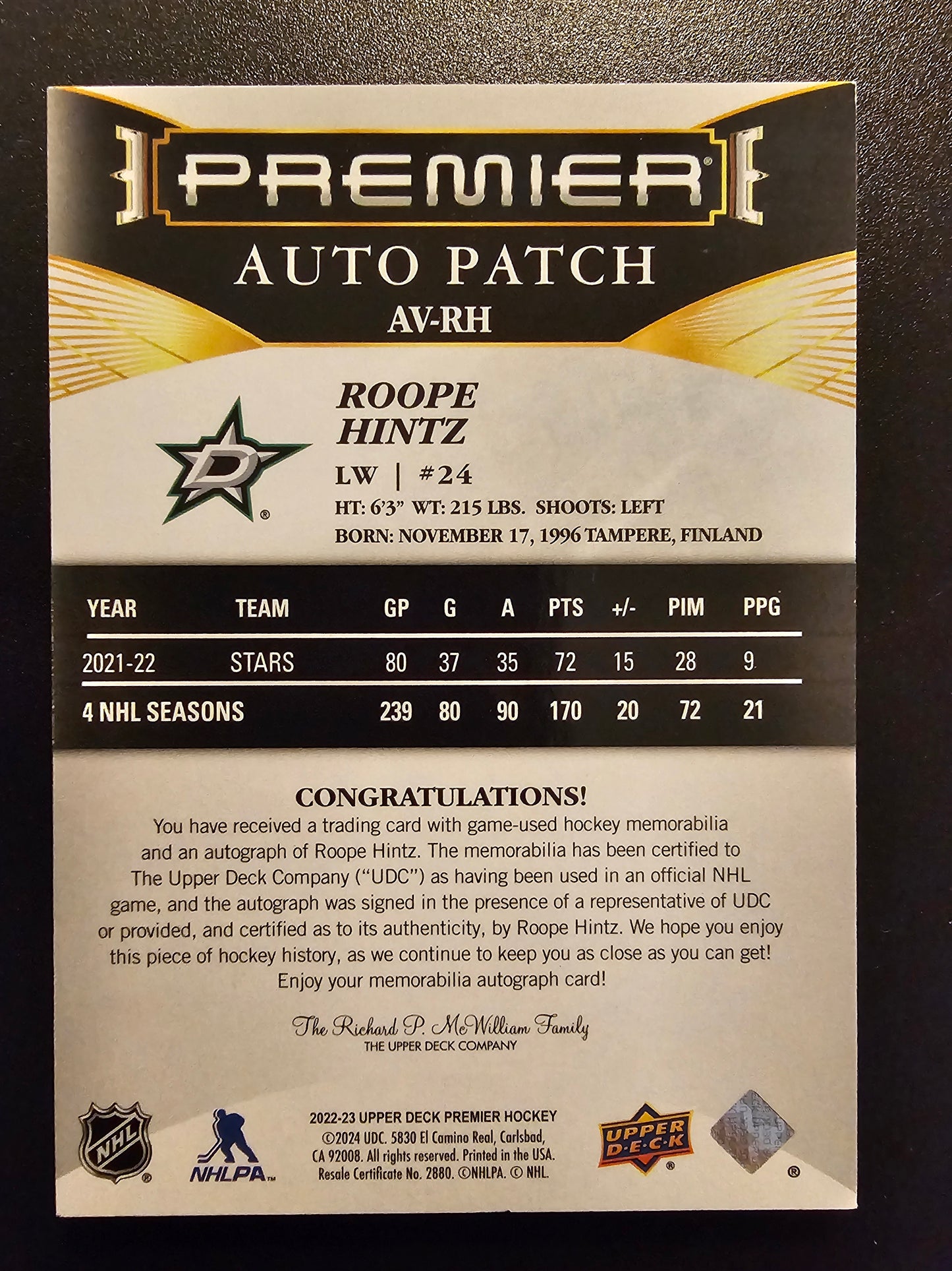 2022-23 Upper Deck Premier - Acetate Auto Patch - Roope Hintz #AV-LE /49