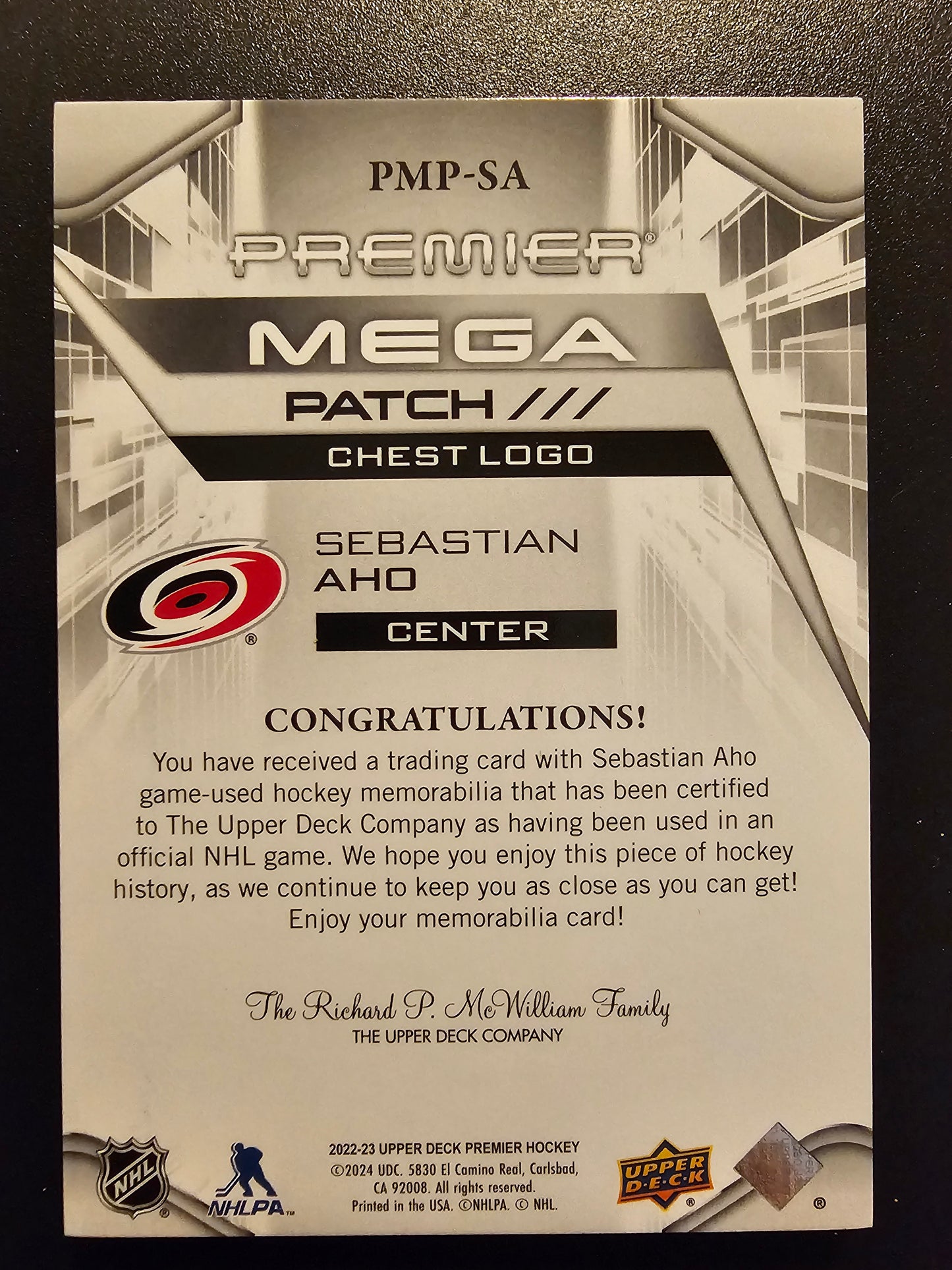 2022-23 Upper Deck Premier - Premier Mega Patch - Chest Logos - Sebastian Aho #PMP-SA /23