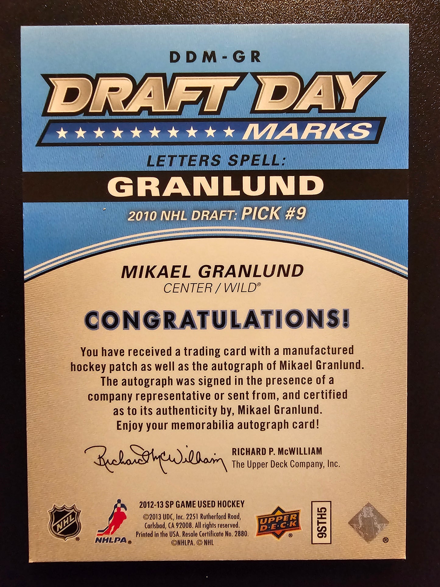 2012-13 SP Game Used Edition - Draft Day Marks - Mikael Granlund #DDM-G /35