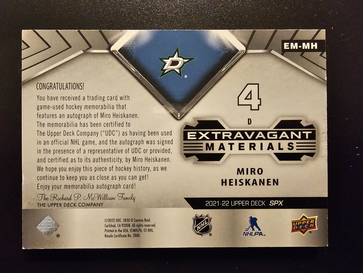 2021-22 Upper Deck SPx - Extravagant Materials Autograph - Miro Heiskanen #EM-MH /25