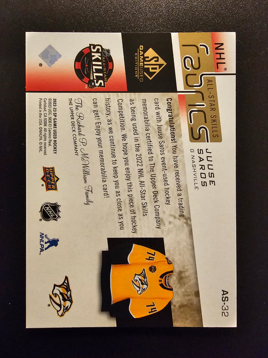 2022-23 Upper Deck SP Game Used - 2022 NHL All-Star Game Jersey Patch - Juuse Saros #AS-32 /49
