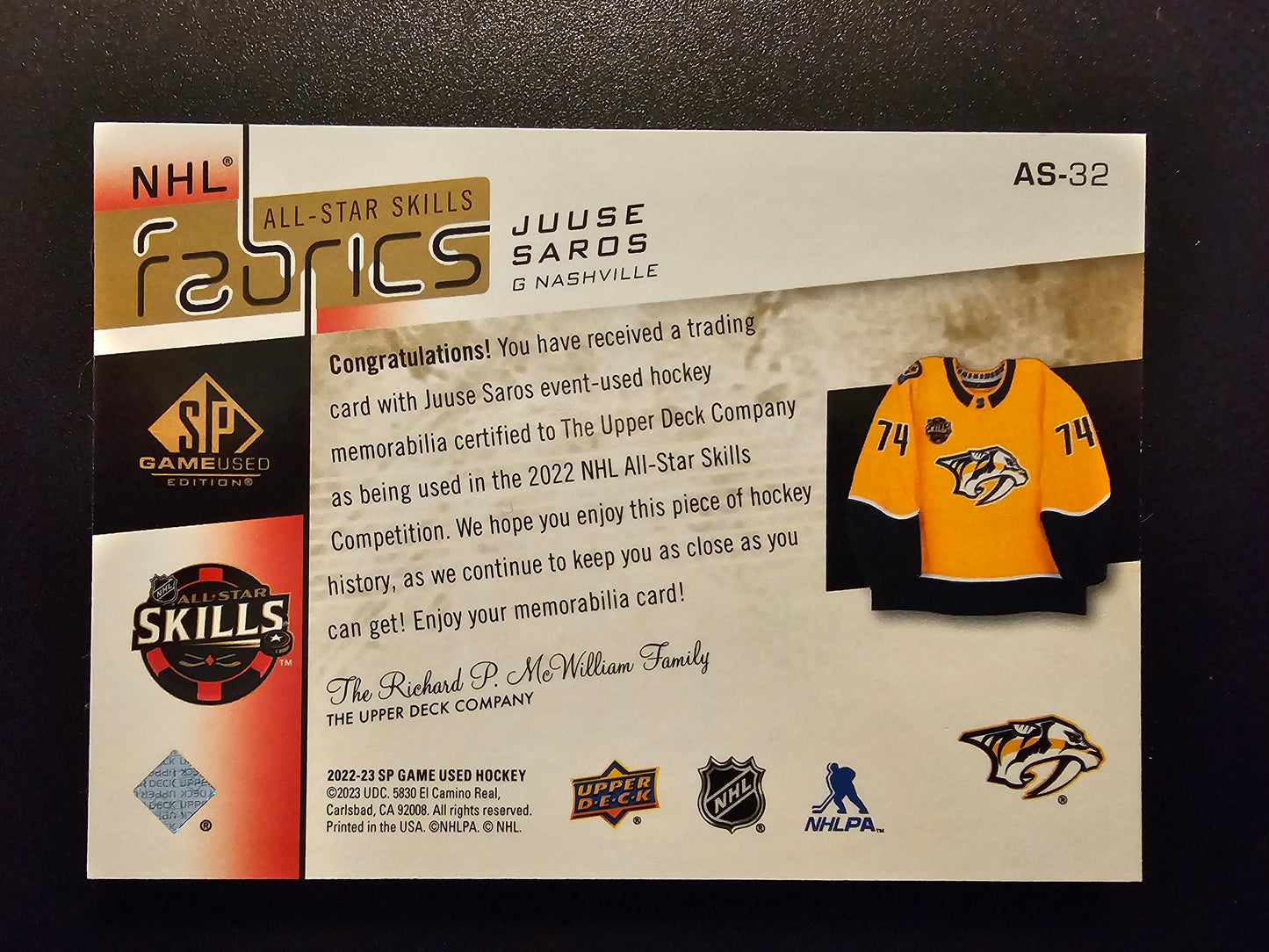 2022-23 Upper Deck SP Game Used - 2022 NHL All-Star Game Jersey Patch - Juuse Saros #AS-32 /49