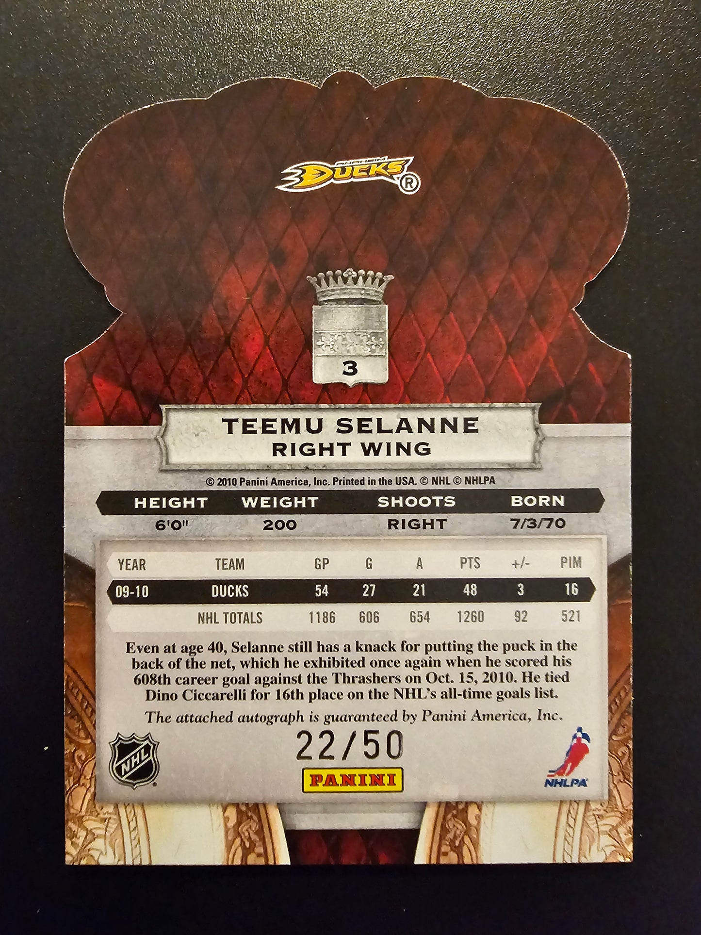 2010-11 Panini Crown Royale - Premiere Date Signatures - Teemu Selanne #3 /50